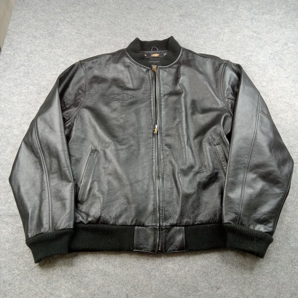 Power Trip Jacket Mens XL Black Leather Bomber Zip Pockets Motorcycle Riding